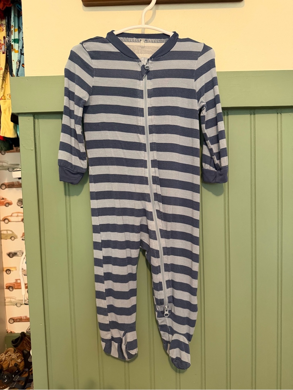 Striped Navy Blue Kids One-Piece Zipper Footed Pajamas